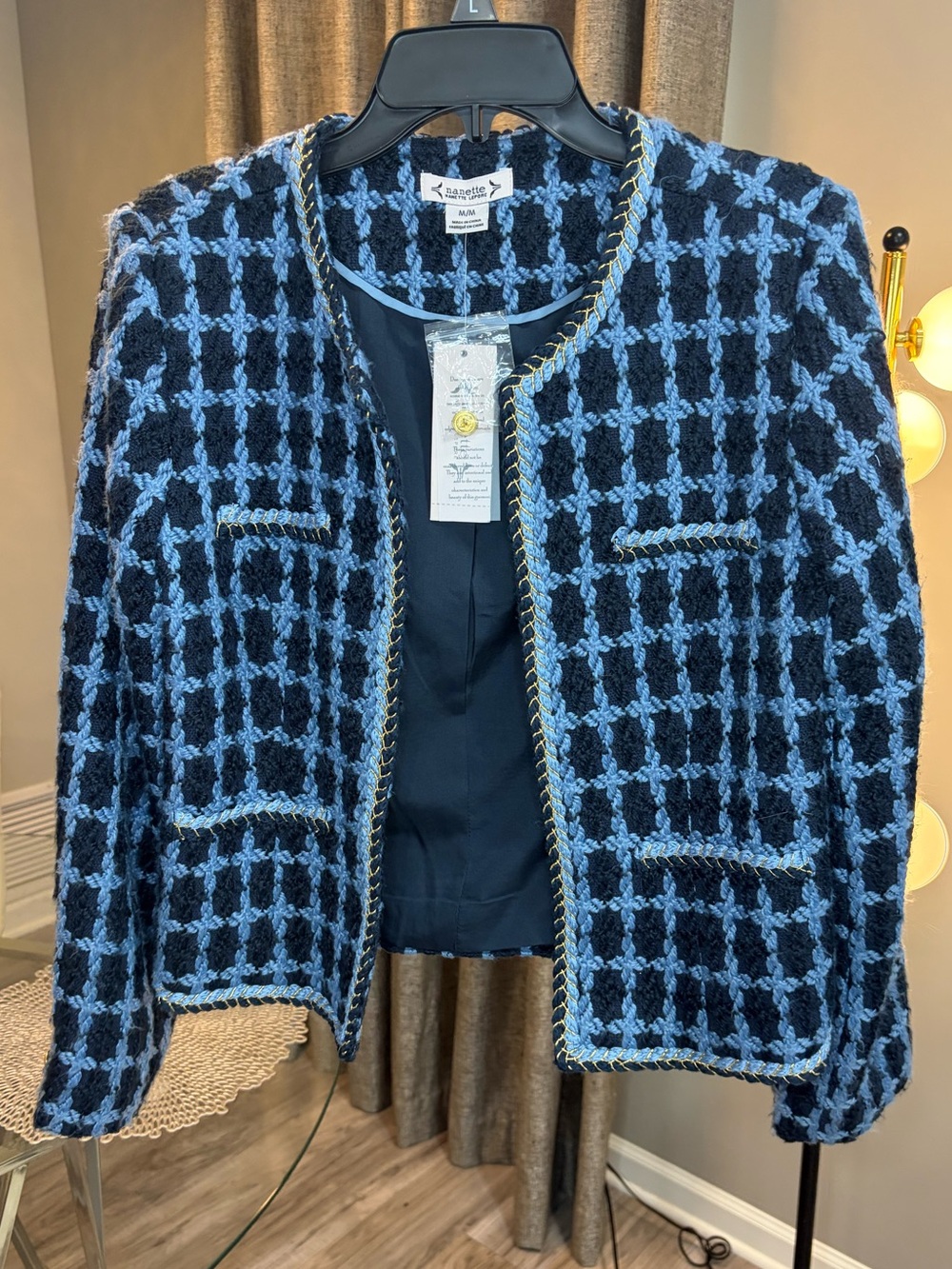 Nanette Lepore Blue and Black Tweed Open-Front Jacket - Picture 2 of 5